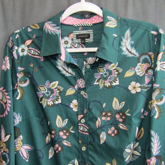 Talbots Teal Green Floral Button Front Top Womens Size M Cotton Long Sleeve - Picture 3 of 8